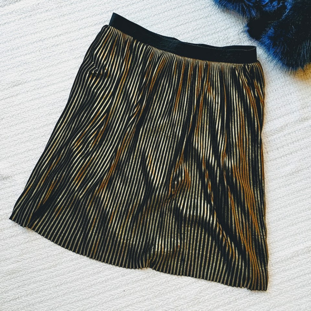 Daisy Fuentes Gold Black Plissé Pleated Pull-On Midi Skirt 3X NWT